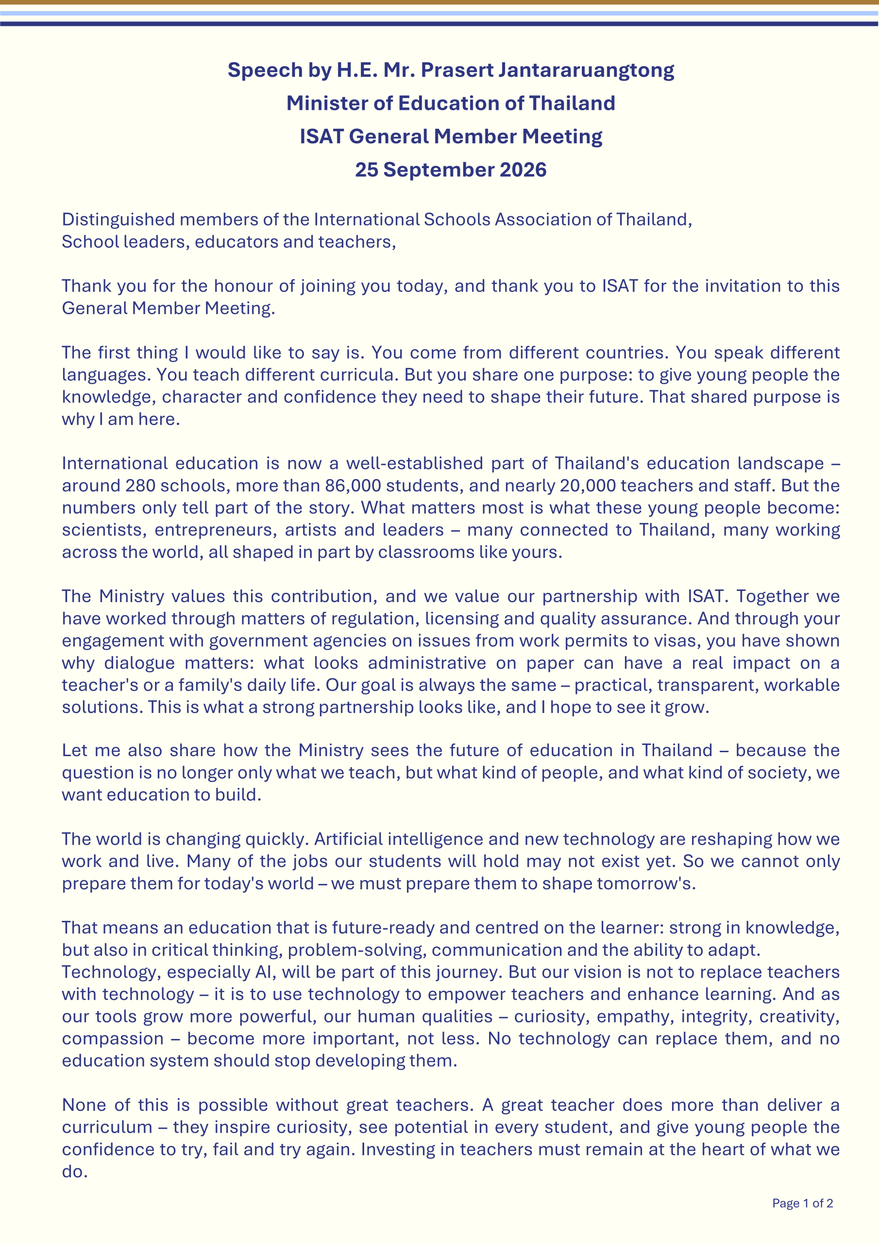 Speech by H.E. Mr. Prasert Jantararuangtong1